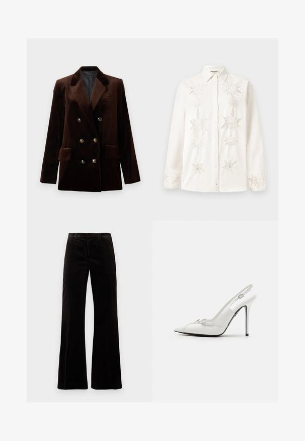 Rudas aksominis dvigubos menerių švarkas su auksiniais mygtukais, įpjautomis apačiosiomis apykaklėmis ir dviem priekiniam kišenėm. Lygus paviršius ir struktūruotas dizainas.; Balta, lino marškiniai su mygtukais, išsiskiriantys sudėtingu žvaigždės formos siuvinėjimu priekyje ir ant rankogalių, su klasikinio dizaino apykakle.; Juodos tekstūruotos plačios kelnės su struktūrizuotu liemeniu, lygiu paviršiumi ir plačiais džinsais, sukuriantys atsipalaidavusią siluetą.; Baltos patentinės odos slingback aukštakulniai batai su smailiu nykščiu, liekna aukšta kulniuku ir dekoratyviniais sagties akcentais ant viršaus.
