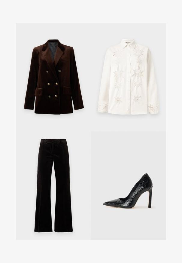 Pruun sametist kahe rindaustega bleiser kullast riistadega nööpide, peenikeste kraede ja kahe eesmine taskuga. Sile tekstuur ja struktureeritud disain.; Valge linane särk, millel on peen star-kujuline tikand ees ja manšettides, klassikalise krae disainiga.; Musthave mustridvad ootetooted püksid on mustad, oma struktureeritud vöökoha, siledast tekstuurist ja laiade säärte avadega, luues lõdva silueti.; Mustan teravaotsaga kõrge kontsaga king, millel on krokodillimustriga tekstuur, stiilne disain, kõrge stilettokonts ja sile must sisesisustus.