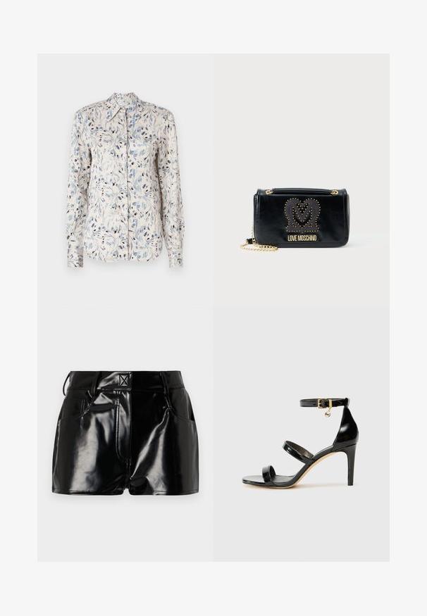 Blazer doppio petto in velluto marrone con bottoni in metallo dorato, rever a lancia e due tasche frontali. Texture liscia e design strutturato.; Camicia a maniche lunghe in tessuto crema chiaro con un motivo floreale blu e accenti scuri, con colletto a punta. Design con bottoni davanti.; Shorts neri e lucidi realizzati in materiale sintetico. Presentano una vita aderente, passanti per la cintura e tasche frontali con evidenti dettagli di cucitura.; Sandalo in pelle verniciata nera con tre cinturini, fibbia alla caviglia e tacco a stiletto di 10 cm. Presenta dettagli in hardware dorato e un charm con logo.; Borsa a tracolla in ecopelle nera con catena. Presenta un cuore borchiato e il logo "LOVE MOSCHINO" in oro. Forma rettangolare.