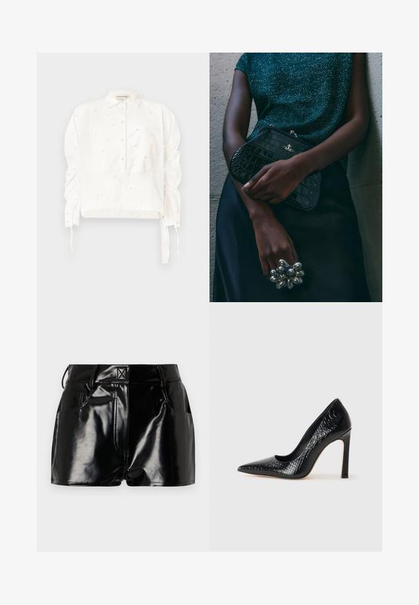 Pruun sametist kahe rindaustega bleiser kullast riistadega nööpide, peenikeste kraede ja kahe eesmine taskuga. Sile tekstuur ja struktureeritud disain.; Valge lühike puuvillane särk, millel on nööpide eesmine sulgemine, gatherdatud varrukad ja dekoratiivne helmestik üle kogu särk.; Mustad, läikivad lühikesed püksid sünteetilisest materjalist. Omab kitsast piha, vöölõike ja esimesi taskuid, millel on silmapaistvad õmbluse detailid.; Mustan teravaotsaga kõrge kontsaga king, millel on krokodillimustriga tekstuur, stiilne disain, kõrge stilettokonts ja sile must sisesisustus.; Must musta tihe-must reptiili nahast pidulik kott hõbedaste detailidega, mille taustal on tekstuuriline hall taust. Omab läikivat pinda.