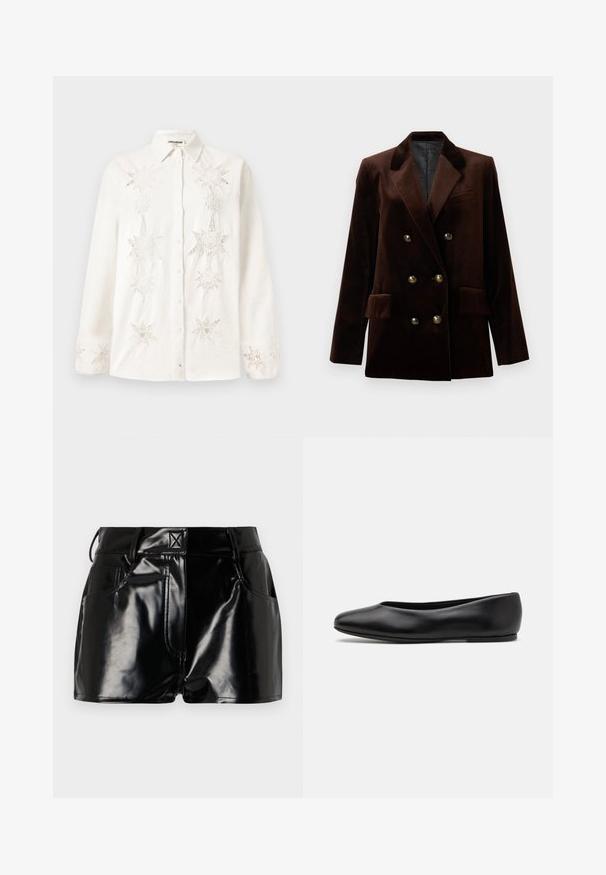 Brown velvet double-breasted blazer with gold hardware buttons, notched lapels, and two front pockets. Smooth texture and structured design.; White button-up shirt made of linen, featuring intricate star-shaped embroidery on the front and cuffs, with a classic collar design.; Black, glossy shorts made of synthetic material. Features a fitted waist, belt loops, and front pockets with prominent stitching details.; Paul Smith TOPANGA - Ballet pumps - black