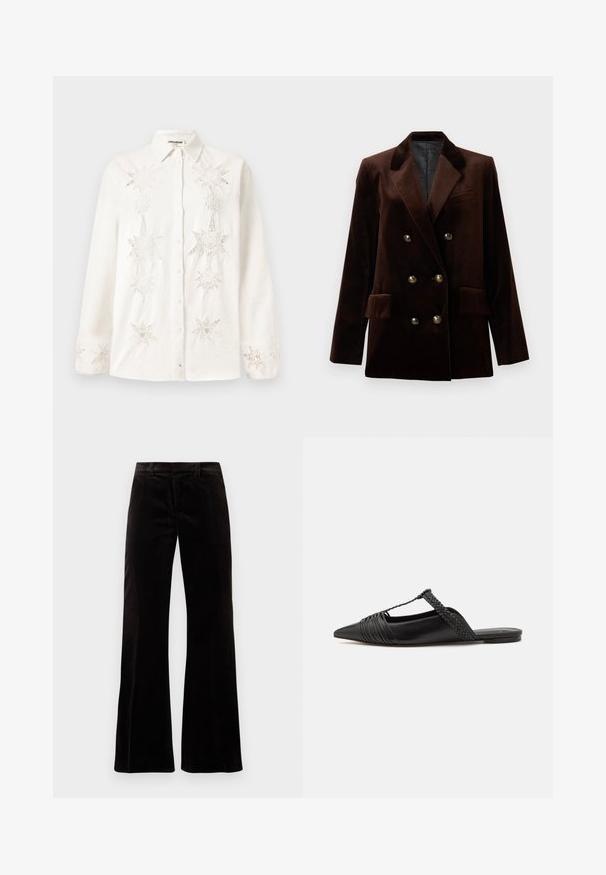 Bruine fluwelen dubbele blazer met gouden knopen, geklede revers en twee voorzakken. Soepele textuur en gestructureerd ontwerp.; Witte button-up shirt van linnen, met ingewikkelde stervormige borduursels op de voorkant en manchetten, met een klassiek kraagontwerp.; Zwarte corduroy flared broeken met een gestructureerde tailleband, soepele textuur en brede broekspijpen, die een ontspannen silhouet creëren.; Zwarte leren slingback schoen met een puntige neus, voorzien van een gevlochten accent en geplooid ontwerp aan de bovenkant. Platte zool met minimale hardware.