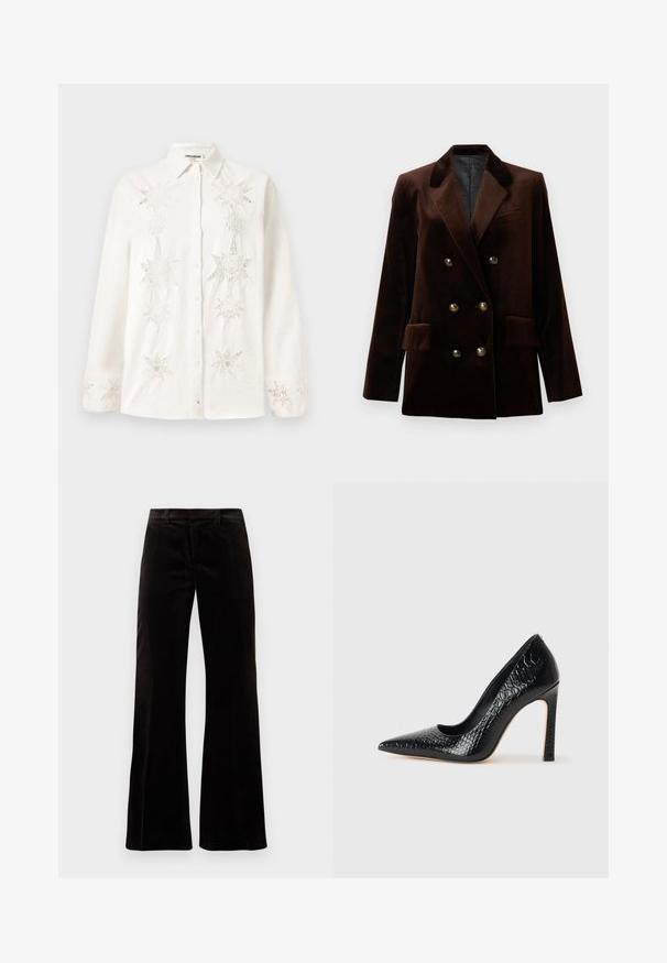 Rudas aksominis dvigubos menerių švarkas su auksiniais mygtukais, įpjautomis apačiosiomis apykaklėmis ir dviem priekiniam kišenėm. Lygus paviršius ir struktūruotas dizainas.; Balta, lino marškiniai su mygtukais, išsiskiriantys sudėtingu žvaigždės formos siuvinėjimu priekyje ir ant rankogalių, su klasikinio dizaino apykakle.; Juodos tekstūruotos plačios kelnės su struktūrizuotu liemeniu, lygiu paviršiumi ir plačiais džinsais, sukuriantys atsipalaidavusią siluetą.; Juoda smailiakulnė aukšto kulno bateliai su krokodilo odos tekstūra, pasižymintys elegantišku dizainu, aukštu stiletu kulnu ir lygia juoda vidine dalimi.