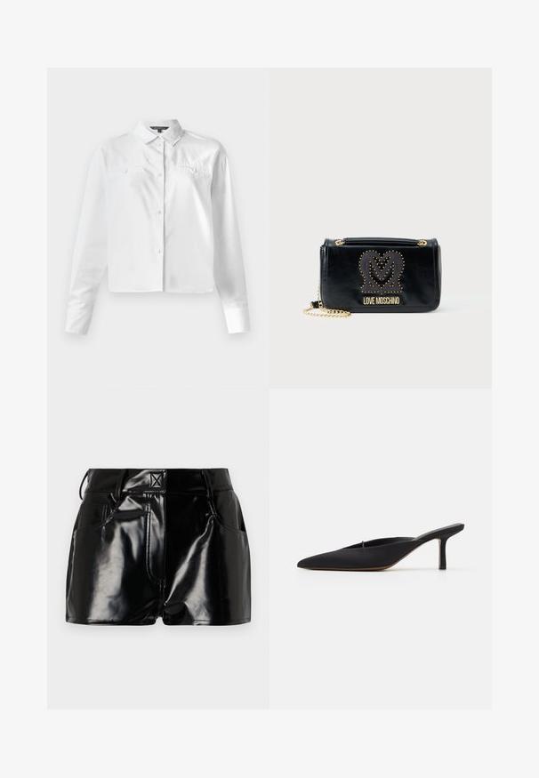 Brown velvet double-breasted blazer with gold hardware buttons, notched lapels, and two front pockets. Smooth texture and structured design.; White button-up shirt with long sleeves, featuring a classic collar, two chest pockets, and a cropped design. Smooth cotton fabric.; Black, glossy shorts made of synthetic material. Features a fitted waist, belt loops, and front pockets with prominent stitching details.; Black pointed-toe mule with a sleek design, made of smooth fabric, featuring a slender heel and open back for easy wear.; Black synthetic leather crossbody bag with a chain strap. Features studded heart and "LOVE MOSCHINO" logo in gold. Rectangular shape.