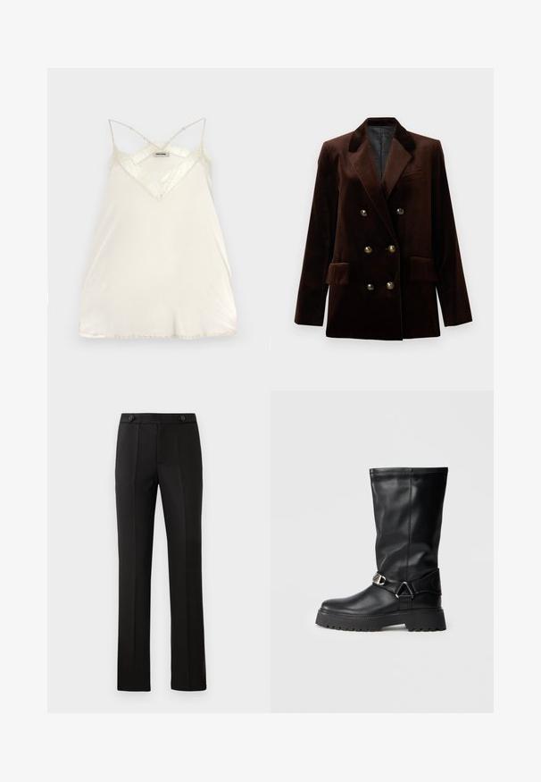 Brown velvet double-breasted blazer with gold hardware buttons, notched lapels, and two front pockets. Smooth texture and structured design.; Light cream camisole with adjustable spaghetti straps, V-neck design, and lace accents at the neckline and hem for added detail.; Black tailored trousers with a straight leg, two front pockets, a button closure, and pleat detailing on the front. Smooth fabric texture.; Black knee-high boots made of smooth leather, featuring a buckle accent on the side and a thick, textured sole for grip.