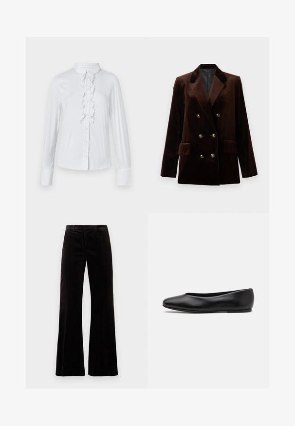 Blazer de terciopelo marrón de doble pecho con botones de hardware dorados, solapas de muesca y dos bolsillos frontales. Textura suave y diseño estructurado.; The Kooples CHEMISE - Blusa - white; Pantalones de pana negra acampanados con una cinturilla estructurada, textura suave y aberturas de pierna anchas, que crean una silueta relajada.; Paul Smith TOPANGA - Bailarinas - black