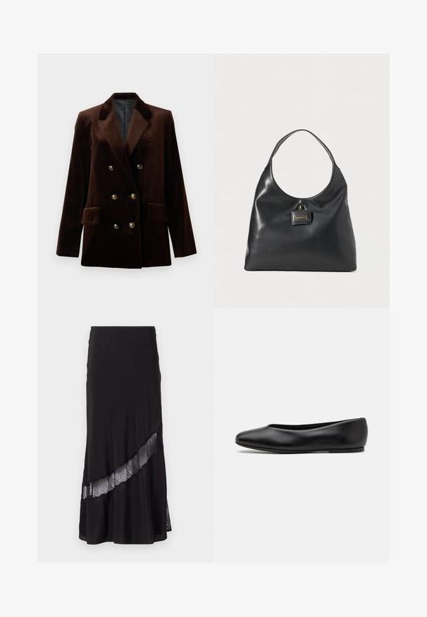 Blazer double boutonnage en velours marron avec des boutons en métal doré, des revers crantés et deux poches avant. Texture lisse et design structuré.; Débardeur gris à côtes avec un design ajusté, des emmanchures larges et une encolure arrondie. Fabriqué en coton doux avec une texture lisse.; Jupe noire en tissu lisse, avec une insertion en dentelle en diagonale sur l'ourlet. Design évasé avec un léger éclat.; Paul Smith TOPANGA - Ballerines - black; Sac hobo en cuir noir avec une seule bandoulière arrondie, comportant une plaque de marque dorée à l'avant. Texture lisse, design minimaliste.