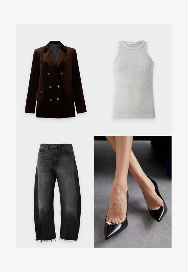 Blazer double boutonnage en velours marron avec des boutons en métal doré, des revers crantés et deux poches avant. Texture lisse et design structuré.; Débardeur gris à côtes avec un design ajusté, des emmanchures larges et une encolure arrondie. Fabriqué en coton doux avec une texture lisse.; Jeans en denim noir avec une coupe large, un ourlet effiloché, cinq poches et un léger délavage ; fabriqués en coton résistant.; Chaussures à talons hauts en cuir noir avec un bout pointu et un design ouvert, featuring un accent décoratif en argent. Texture lisse avec une finition polie.