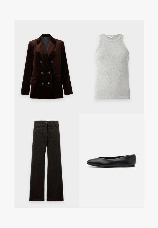 Blazer double boutonnage en velours marron avec des boutons en métal doré, des revers crantés et deux poches avant. Texture lisse et design structuré.; Débardeur gris à côtes avec un design ajusté, des emmanchures larges et une encolure arrondie. Fabriqué en coton doux avec une texture lisse.; Pantalons à jambes larges en velours côtelé noir, dotés de poches avant, d'une fermeture à bouton et d'une texture côtelée verticale. Tissu doux avec un léger éclat.; Paul Smith TOPANGA - Ballerines - black