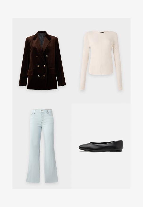 Brun fløjls dobbeltradet blazer med guld hardwareknapper, spidse revers og to forlommer. Glat tekstur og struktureret design.; Langærmet, lys beige top med rund halsudskæring. Lavet af blødt stof, har en central søm og let buet kant. Der er ingen synlige metaldele.; Lyseblå flared jeans lavet af denim. Har et klassisk fem-lomme design og en frontknaplukning. Glat tekstur hele vejen igennem.; Paul Smith TOPANGA - Ballerinasko - black