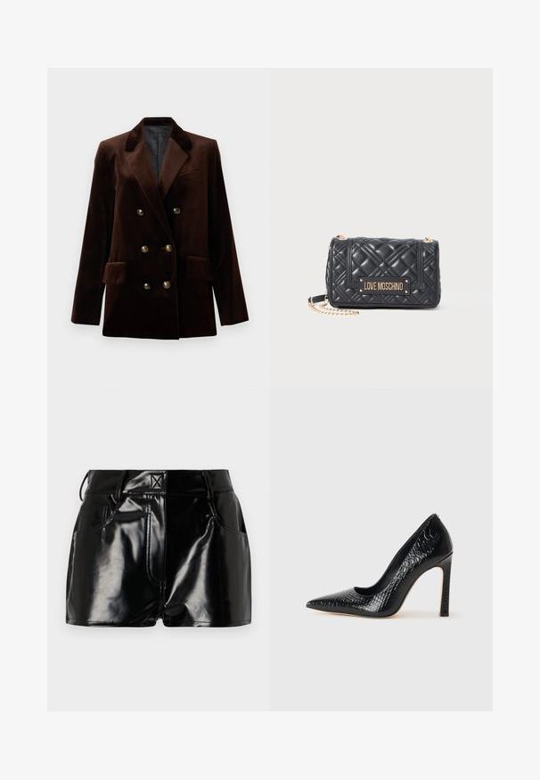 Brun sammetsblazer med dubbelknäppning, guldfärgad hårdvara på knapparna, slagkrage och två framfickor. Slät textur och strukturerad design.; Svart långärmad bodysuit med djup V-ringning, lagerdesign med volanger över bröstet och utstående ärmar. Mjuk, elastisk tyg.; Svart, glänsande shorts i syntetmaterial. Har en åtsittande midja, bältesöggor och framfickor med framträdande sömnadsdetaljer.; Svart spetsig högklackad sko med krokodilskinnsstruktur, som har en elegant design, hög stilettklack och en slät svart innersula.; Svart vadderad handväska från Love Moschino med guldkedja och guldfärgad logoplatta på framfliken.