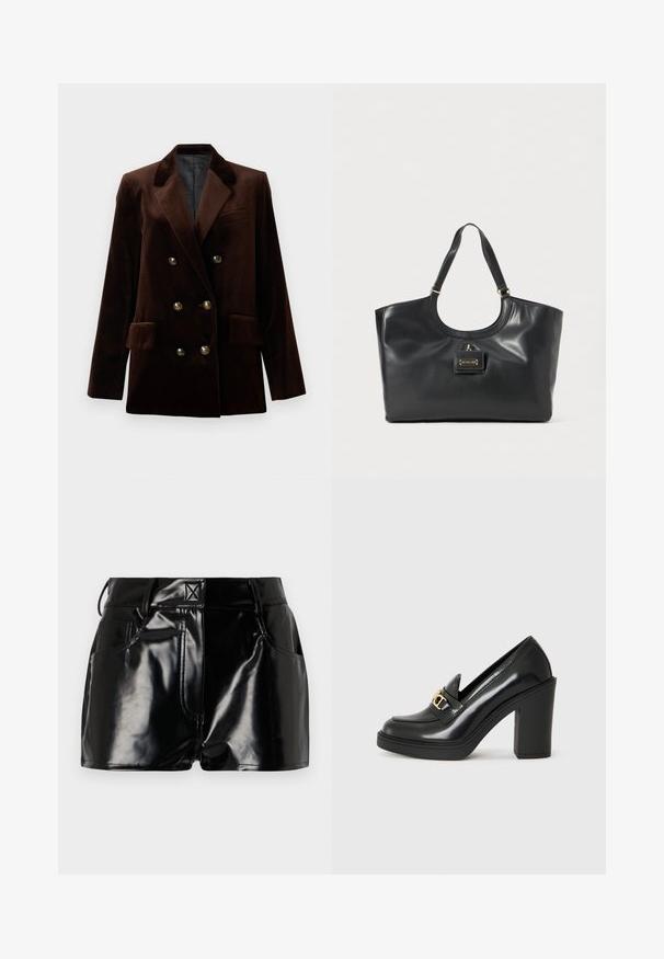 Rudas aksominis dvigubos menerių švarkas su auksiniais mygtukais, įpjautomis apačiosiomis apykaklėmis ir dviem priekiniam kišenėm. Lygus paviršius ir struktūruotas dizainas.; Balta ilga rankovė T-marškiniai, pagaminti iš dryžuoto medvilnės, su apvaliu kaklu ir tiesia apatine dalimi. Paprastas dizainas be raštų ar akcentų.; Juodos, blizgios šortai, pagaminti iš sintetinės medžiagos. Turi prigludusią liemenį, diržo kilpas ir priekines kišenes su ryškiomis siuvimo detalėmis.; Juodi lakštiniai odiniai platforminiai loaferiai su aukštu blokuotu kulnu ir auksinio tono detalėmis. Lygus paviršius ir apvalios formos pirštas.; Juoda odinė rankinė su blizgiu paviršiumi, suapvalintu viršumi, dviem petinėmis diržais ir auksinio tonos metalinėmis detalėmis priekyje.