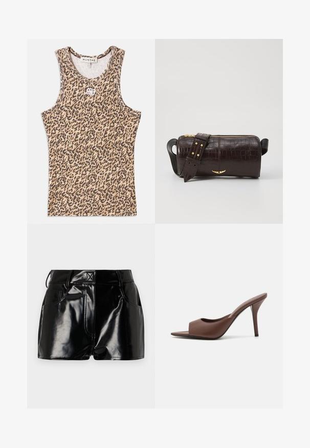 Pruun sametist kahe rindaustega bleiser kullast riistadega nööpide, peenikeste kraede ja kahe eesmine taskuga. Sile tekstuur ja struktureeritud disain.; Bež jaagri mustriga kantamine, millel on ribakanga tekstuur, ümar kaelus ja ees diskreetne broderi logoga. ; Mustad, läikivad lühikesed püksid sünteetilisest materjalist. Omab kitsast piha, vöölõike ja esimesi taskuid, millel on silmapaistvad õmbluse detailid.; Pruunid nahast avatud varvastega kõrged kontsad, millel on stiilne disain, laia eesrihma ja peene stilettokontsaga.; Pruunist krokodillimustrist nahast kott, millel on silindri kuju, kuldse tooni metalldetailid ja eemaldatav rihm, kus on nupud.