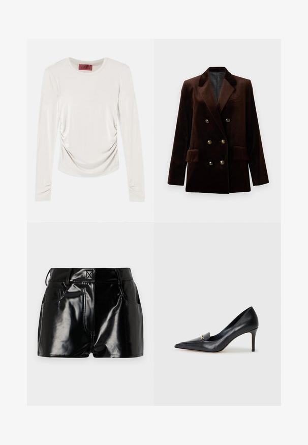 Brown velvet double-breasted blazer with gold hardware buttons, notched lapels, and two front pockets. Smooth texture and structured design.; Long-sleeve cream top with ruched sides and sleeves, round neckline, and a red label inside the collar.; Black, glossy shorts made of synthetic material. Features a fitted waist, belt loops, and front pockets with prominent stitching details.; Black leather pump with a pointed toe, low-cut vamp, and a decorative gold accent. Features a stiletto heel and smooth texture.