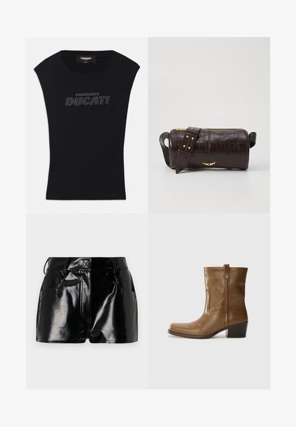 Barna bársonyos, dupla gombos blézer arany színű hardver gombokkal, hajtókás gallérral és két elülső zsebbel. Simább textúra és struktúrált dizájn.; Fekete ujjatlan póló kerek nyakkal és domború fekete "DSQUARED2 DUCATI" logóval a mellkason, kicsi méret, Made in Italy címke a gallérban.; Fekete, fényes sort szintetikus anyagból. Jellemzője a fitted derék, övhurkok és elülső zsebek jellegzetes varrási részletekkel.; Barna bőrből készült bokacsizma négyzet alakú orral, texturált felülettel és alacsony, rakott sarkával. Hátsó húzófüllel és finom varrási részletekkel rendelkezik.; Barna krokodilbőr hatású bőr táska henger alakú, arany tónusú fémveretekkel és lecsatolható, szegecsekkel díszített pánttal.