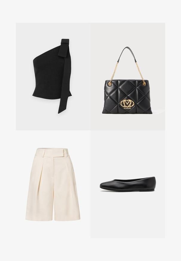 Blazer doppio petto in velluto marrone con bottoni in metallo dorato, rever a lancia e due tasche frontali. Texture liscia e design strutturato.; Top asimmetrico nero realizzato in tessuto testurizzato; presenta un dettaglio a fiocco sulla spalla sinistra e una vestibilità aderente.; Pantaloni corti beige su misura con vita alta, frontale plissettato e una texture del tessuto liscia. Presentano gambe larghe e corte.; Paul Smith TOPANGA - Ballerine - black; Borsa a tracolla nera trapuntata in similpelle con una tracolla in oro, dotata di un logo dorato prominente e un motivo a diamante sulla superficie.