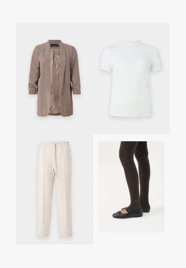 Rutet blazer i brune nuancer med en lys inderside, lange ærmer opsmøgget ved manchetterne og en skræddersyet pasform.; Hvid kortærmet top med blomsterflettet overlay, mock neck og knaplukning bagpå med strukturerede stingdetaljer.; Beige joggerbukser med elastisk talje og snøring, der har en glat tekstur og to frontfolder for et skræddersyet udseende.; Sorte flade sko med en lille sløjfedetalje ved tåen, parret med mørkebrune ribbede strømpebukser. Skoene har en glat overflade og lav profil.