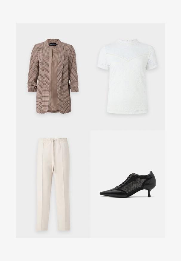 Blazer à carreaux dans des tons de marron avec une doublure intérieure claire, manches longues retroussées aux poignets et coupe cintrée.; Top court à manches courtes blanc avec un superposé en dentelle florale, un col montant et une fermeture à boutons au dos avec des accents de couture texturée.; Pantalons de jogging beiges avec une taille élastique et un cordon de serrage, présentant une texture lisse et deux plis à l'avant pour une apparence soignée.; Chaussure noire à bout pointu avec un design en panneau en maille, présentant un petit talon et un laçage à l'avant. Fabriquée à partir d'une combinaison de cuir et de matériau en maille.