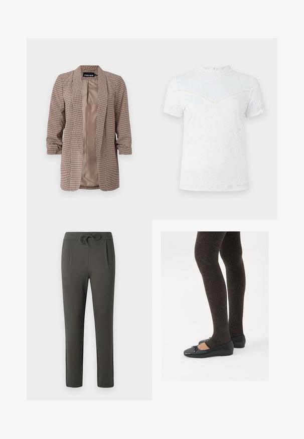 Karirana blazer v rjavih odtenkih z lahkim notranjim podlogom, dolgimi rokavi, zavihanimi na manšetah, in krojem po meri.; Bela kratka majica s kratkimi rokavi, okrašena z rožnatim čipkastim slojem, ovratnikom in zapiranjem z gumbi na hrbtni strani ter teksturiranimi šivi.; Temno sivi hlače z elastičnim pasom, oblikovanim v ožji rez in gubanim sprednjim delom. Narejene so iz mehkega materiala z gladko teksturo.; Črne ravne čevlje z majhnim lokom na prstih, v kombinaciji s temno rjavimi rebrastimi nogavicami. Čevlji imajo gladko teksturo in nizko obliko.
