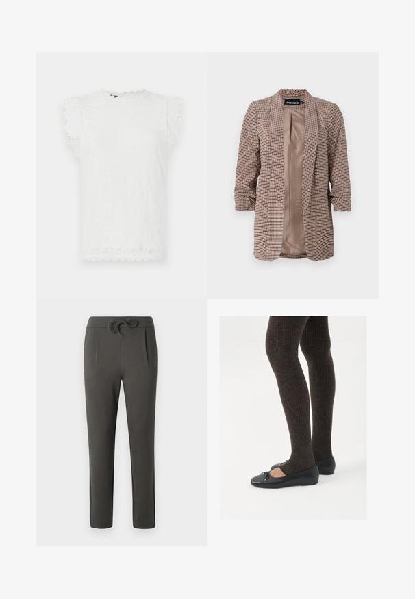 Blazer de cuadros en tonos marrones con un forro interior ligero, mangas largas arremangadas en los puños y un corte entallado.; Top de encaje blanco con mangas cortas y borde festoneado, que presenta un patrón floral texturizado y un escote redondeado.; Pantalones gris oscuro con cintura elástica ajustable, diseño de pierna estrechada y frente plisado. Fabricados con una tela suave y de textura lisa.; Zapatos planos negros con un pequeño lazo en la punta, combinados con medias de punto en marrón oscuro. Los zapatos tienen una textura suave y un perfil bajo.
