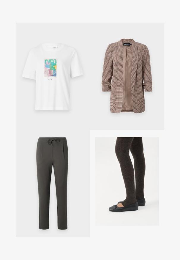 Blazer în carouri în tonuri de maro, cu o captuseală ușoară, mâneci lungi răsfrânte la mansete și o croială ajustată.; Tricou alb cu mânecă scurtă, având un design grafic abstract colorat în nuanțe de roz, verde, albastru și galben, cu text negru în partea de jos.; Pantaloni gri închis cu talie elastică și șnur, design cu picior îngust și față pliată. Fabricat dintr-un material moale cu o textură netedă.; Pantofi negri cu un detaliu mic de fundiță la vârf, asortați cu colanți maro închis, cu textură ondulată. Pantofii au o textură netedă și un profil joase.