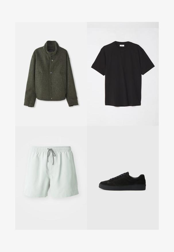 Vihreä villatakki korkealla kauluksella, kahdella sivutaskulla ja metallinappikiinnityksellä. Ominaisuuksina rento istuvuus ja pehmeä tekstuuri.; Mustat puuvillapaitat, joissa on pyöreä kaula-aukko, lyhyet hihat ja rento malli. Yksinkertainen muotoilu, sileä pinta ilman näkyviä kuvioita tai logoja.; Vaaleanvihreät uimapantsit, joissa on joustava vyötärö, säädettävä nyöri ja sivutaskut. Sileä pinta, polven ylle ulottuva mitta.; Musta mokkanahkainen lenkkari, jossa on litteä, teksturoitu pohja, pyöreä kärki, kuusi rei'itystä nauhoille ja minimalistinen muotoilu.