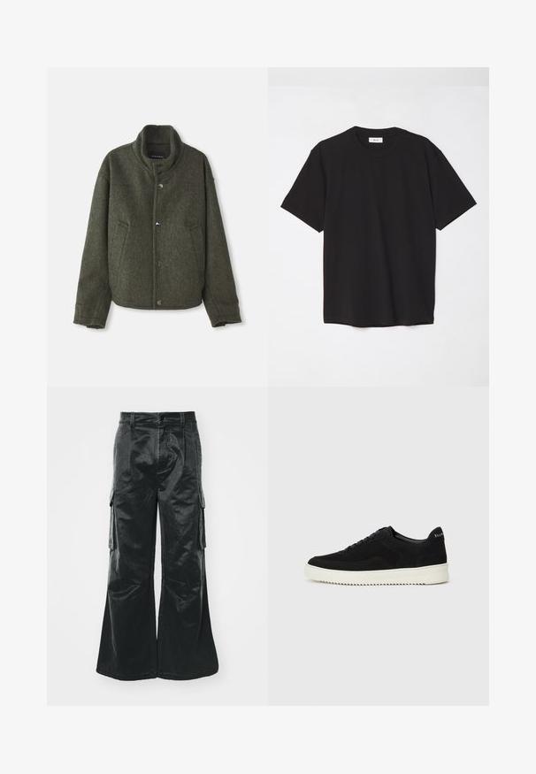 Grüne Wolljacke mit hohem Kragen, zwei seitlichen Taschen und metallischen Knopfverschlüssen. Hat einen lockeren Schnitt und eine weiche Textur.; Schwarzes Baumwoll-T-Shirt mit Rundhalsausschnitt, kurzen Ärmeln und lockerer Passform. Einfaches Design, glatte Textur und keine sichtbaren Muster oder Logos.; Schwarze weite Cargo-Hosen mit glänzender Textur. Verfügt über seitliche Taschen, einen Knopfverschluss und gesteppte Details entlang der Nähte.; Schwarze Wildleder-Sneaker mit Schnürdesign und kontrastierender weißer Gummisohle. Verfügt über strukturierte Seitenpaneele und dezentes Branding an der Ferse.