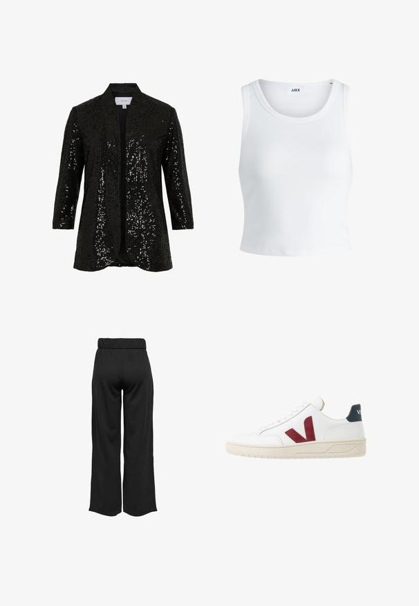 Černý flitrový kabát s šálovým límcem, otevřeným předním dílem a dlouhými rukávy. Má texturovanou látku a hladkou podšívku.; Bílý žebrovaný top na ramínka se kulatým výstřihem, bez rukávů a zkrácenou délkou. Název značky je "JJXX." Hladká struktura látky.; Černé široké kalhoty s elastickým pasem, vyrobené z hladkého materiálu. Disponují čistým designem bez kapes nebo viditelných švů.; Bílé kožené tenisky s burgundským 'V' logem, texturovanou gumovou podrážkou a námořnickým akcentem na patě; mají klasický design se šněrováním.