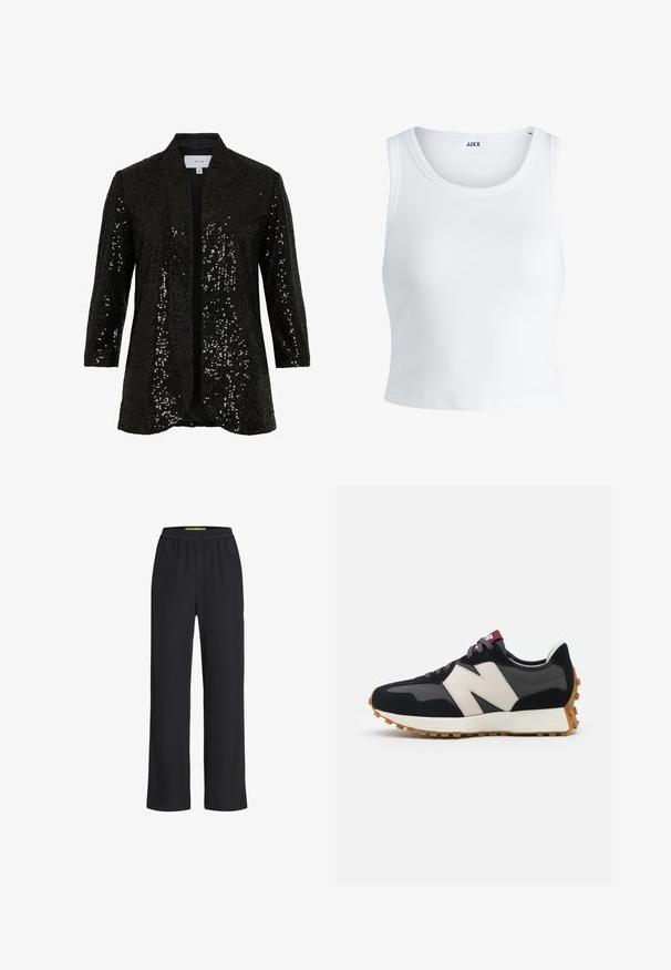 Black sequined jacket with a shawl collar, open front, and long sleeves. Features a textured fabric and a smooth lining.; White ribbed tank top featuring a round neckline, sleeveless design, and a cropped length. Label reads "JJXX." Smooth fabric texture.; Black wide-leg pants with an elastic waistband, made from a soft fabric, featuring a smooth texture and a loose fit throughout the legs.; Black and gray suede sneaker with a large cream-colored "N" logo, purple laces, and a textured gum rubber outsole.