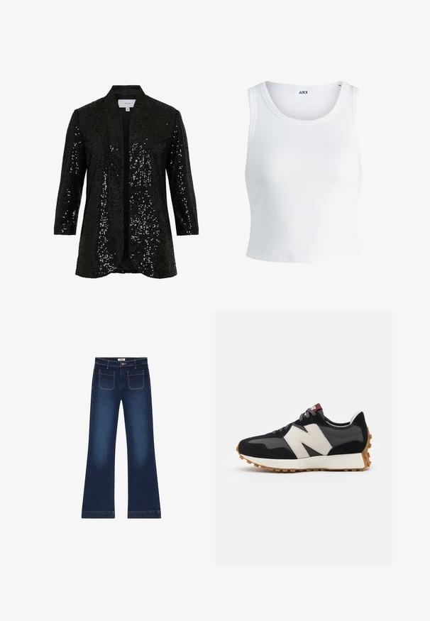 Crna jakna s crnim šljokicama, okovratnikom u stilu šala, otvorena sprijeda i dugih rukava. Ima teksturiranu tkaninu i glatku podstavu.; Bijela rebrasta majica bez rukava s okruglim izrezom i skraćenom dužinom. Na etiketi piše "JJXX." Glatka tekstura tkanine.; Tamno plave široke traperice od denima. Ima pet džepova, patentni zatvarač i zlatne šavove kao ukrase. Široko su otvorene na nogavicama.; Crne i sive suede tenisice s velikim kremastim logom "N", ljubičastim pertlama i teksturiranim gumiranim potplatom.