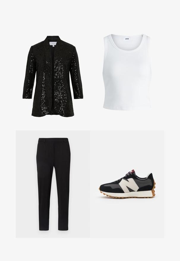 Mustast litritega kaunistatud jakk šaali kraega, avatud esiosaga ja pikkade varrukatega. Omab tekstuurse kangaga ja siledat voodrit.; Valge ribakujuline tank top, millel on ümmargune kaelus, varrukateta disain ja lühike pikkus. Silt ütleb "JJXX." Sile kangast tekstuur.; Mustad mustreid, sujuvate kangastega mustad püksid, mis on slim fit lõikega. Omavad küljetaskuid, lamedat esiosa ja kitsenevat jala kujundust. Mingeid nähtavaid mustreid ei ole.; Mustmust ja halli nubukist tennisajal on suur kreemjas "N" logo, lilla paelad ja tekstureeritud kummist välispohja.