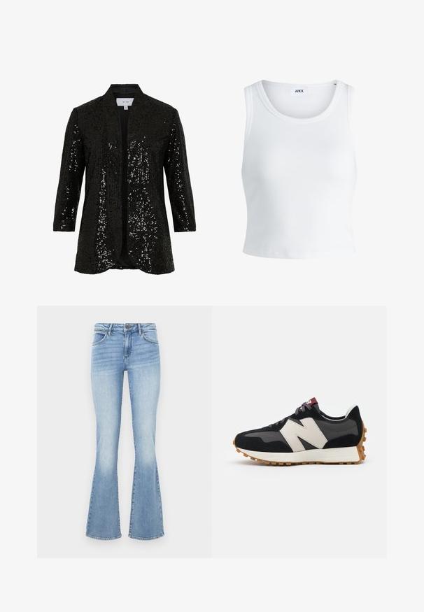 Black sequined jacket with a shawl collar, open front, and long sleeves. Features a textured fabric and a smooth lining.; White ribbed tank top featuring a round neckline, sleeveless design, and a cropped length. Label reads "JJXX." Smooth fabric texture.; Light blue flared jeans made of denim. Features a traditional five-pocket design and a zip fly with a button closure. Faded effect on the thighs.; Black and gray suede sneaker with a large cream-colored "N" logo, purple laces, and a textured gum rubber outsole.