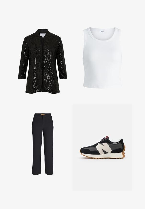 Čierny flitrovaný sak s šálovým golierom, otvorený vpredu a s dlhými rukávmi. Má textúrovanú látku a hladké podšívku.; Biely rebrovaný tielko s okrúhlym výstrihom, bez rukávov a krátkou dĺžkou. Štítok znie "JJXX." Hladká textúra látky.; Čierne nohavice s rovnými nohavicami a vysokým pásom, plochý predok a dve horizontálne predné vrecká, označené JXJX na páske.; Čierne a sivé semišové tenisky s veľkým krémovým logom "N", fialovými šnúrkami a textúrovanou gumovou podrážkou.