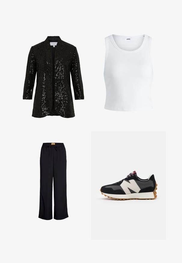Črna bleščeča jakna z ogrnjenim ovratnikom, odprt sprednji del in dolgimi rokavi. Izdelana iz teksturirane tkanine z gladko podlogo.; Bela rebrasta majica brez rokavov z okroglim izrezom in krajšo dolžino. Oznaka navaja "JJXX." Gladka tekstura tkanine.; Črne široke hlače z elastičnim pasom in vrvico. Narejene iz gladkega materiala brez vidnih vzorcev ali dodatkov.; Črne in sive semiš športne copate z velikim kremnim logotipom "N", vijoličastimi vezalkami in teksturiranim gumijastim podplatom.