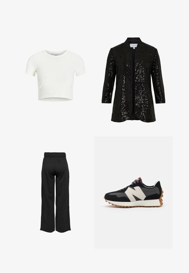 Black sequined jacket with a shawl collar, open front, and long sleeves. Features a textured fabric and a smooth lining.; White, cropped t-shirt made of ribbed fabric. Features a round neckline and short sleeves. Smooth texture with a fitted shape.; Black, wide-leg pants with an elastic waistband, made from smooth fabric. Features a clean design with no pockets or visible stitching details.; Black and gray suede sneaker with a large cream-colored "N" logo, purple laces, and a textured gum rubber outsole.