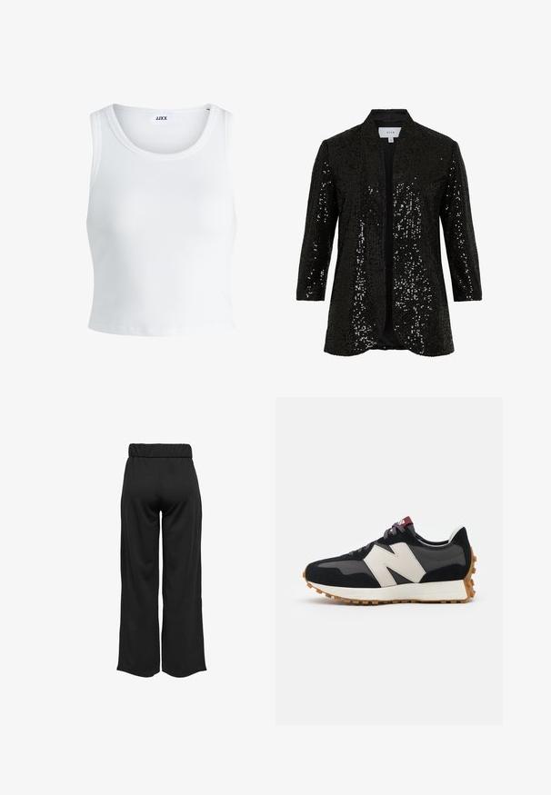 Chaqueta negra con lentejuelas, cuello tipo chal, abertura frontal y mangas largas. Presenta un tejido texturizado y un forro suave.; Top de tirantes blanco con canalé, con un cuello redondo, diseño sin mangas y largo corto. La etiqueta dice "JJXX". Textura de tela suave.; Pantalones negros de pierna ancha con cintura elástica, fabricados en un tejido suave. Presentan un diseño limpio sin bolsillos ni detalles de costura visibles.; Zapatillas de ante negras y grises con un gran logo "N" en color crema, cordones morados y una suela de goma texturizada en color marrón.