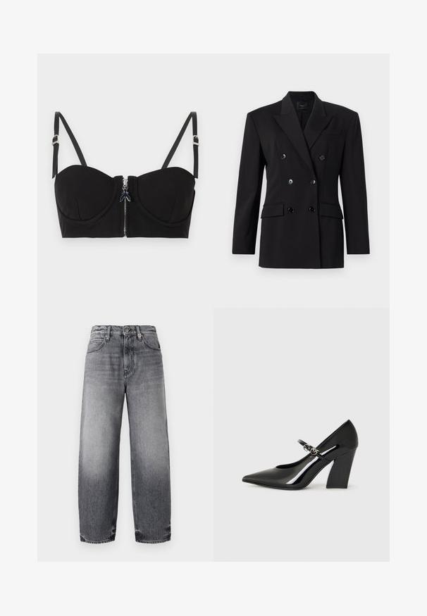 Juodas dvigubai užsegamas švarkas su iškarpytomis atlapomis, dviem priekinėmis kišenėmis ir keturiomis juodomis sagomis, pasižymintis lygiu, tekstūruotu audiniu.; Juodas paminkštintas liemenėlė su užtrauktuku priekyje, pasižyminti reguliuojamomis dirželiu ir lygiu paviršiumi. Dizainui būdingi subtilūs siuvimo detalės.; Pinko ESTELLE EGG MOONLIGHT - Tiesaus kirpimo džinsai - lavaggio dark gray; Juodos lakinės odos aukštakulnės bateliai su smailiu pirštu, storu kulnu ir dirželiu su metaliniais akcentais.