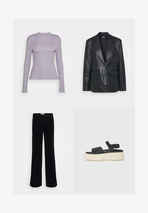 Blazer de couro preto com um design estruturado, lapelas largas, dois botões e bolsos frontais. Textura suave e corte ajustado.; Zign Camisola - purple; Calças de veludo cotelê largas em preto com um cinto de tecido, apresentando detalhes de costura subtis e uma cintura ajustada para um estilo mais elegante.; Sandálias de plataforma em camurça preta com uma sola branca e grossa, tiras frontais largas e fivela ajustável no tornozelo. Sola texturizada para melhor aderência.