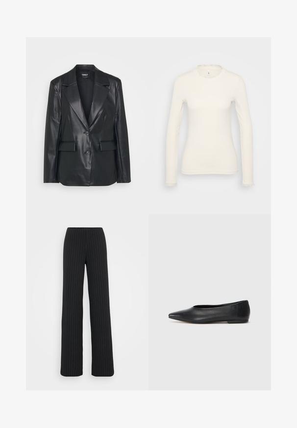Čierny kožený blazer so štruktúrovaným dizajnom, širokými klopami, dvoma gombíkmi a prednými vreckami. Hladká textúra a prispôsobený strih.; Biely top s dlhým rukávom s rebrovanou textúrou. Má jemný volánový výstrih a lem na rukávoch. Jednoduchý, priliehavý strih.; Vero Moda Tall VMBERLIN MY WIDE - Nohavice - obsidian/oatmeal; Čierne kožené baletky, špicatý špička, minimalistický dizajn, hladká textúra, nízky podpätok, bez viditeľných prvkov alebo ozdôb.