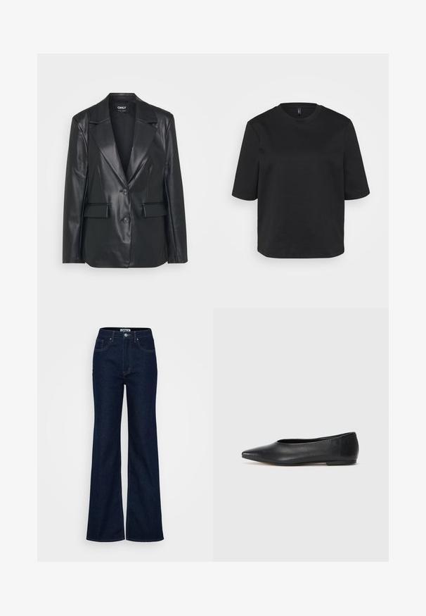 Μαύρο δερμάτινο σακάκι με δομημένο σχέδιο, φαρδιές πέτες, δύο κουμπιά και μπροστινές τσέπες. Λειαντή υφή και προσαρμοσμένη εφαρμογή.; Μαύρο μπλουζάκι τύπου crew-neck φτιαγμένο από βαμβάκι, με κοντά μανίκια και άνετη εφαρμογή. Λεπτή υφή χωρίς ορατά σχέδια ή αξεσουάρ.; ONLY Tall ONLJUICY WIDE RINSE - Wide leg - dark blue denim; Μαύρη δερμάτινη μπαλαρίνα, αιχμηρή μύτη, μινιμαλιστικός σχεδιασμός, λεία υφή, χαμηλή τακούνι, χωρίς ορατό υλικό ή διακοσμήσεις.