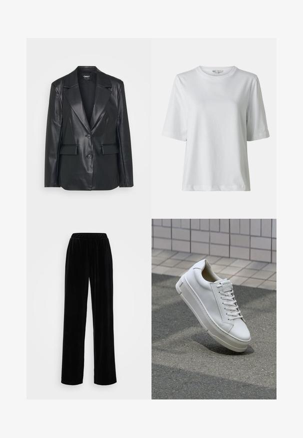 Črn usnjeni blazer s strukturno zasnovo, širokimi reverji, dvema gumboma in sprednjimi žepi. Gladka tekstura in krojen fit.; Bela kratka majica s kratkimi rokavi in okroglim izrezom. Narejena iz mehkega blaga, s sproščenim krojem in diskretnimi detajli v šivu.; Črne dolge široke hlače iz mehke, plišaste tkanine z elastičnim pasom. Gladka tekstura in enotna barva, brez vidnih vzorcev ali dodatkov.; Beli usnjeni športni copat z nizkim dizajnom, ravnimi vezalkami, zaobljenim nosom in teksturiranimi stranicami. Debel gumijast podplat z diskretnimi poudarki.
