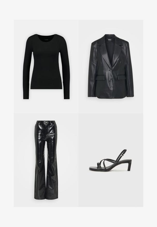 Black leather blazer with a structured design, wide lapels, two buttons, and front pockets. Smooth texture and tailored fit.; Black long-sleeve shirt made of ribbed fabric. Features a round neckline and fitted silhouette. Simple design without patterns or accents.; Black faux leather flared pants with a shiny finish, featuring a high waist, front pockets, and silver hardware accents.; Black strappy sandal with a square toe and a low block heel. Features multiple thin straps and an adjustable ankle strap. Made of smooth leather.