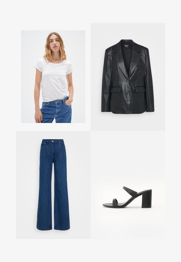 Juodas odinis švarkas su struktūrizuotu dizainu, plačiais atlapais, dviem mygtukais ir priekinėmis kišenėmis. Lygus tekstūra ir pritaikytas siluetas.; Balta trumpa rankovėmis marškinėliai su apykakle, pagaminti iš minkštos medžiagos, derinami su mėlynomis džinsais, turinčiais klasikinį siluetą ir penkių kišenių dizainą.; Mėlynos plačios džinsinio audinio kelnės su aukšta juosmens linija, priekyje mygtukas ir užtrauktukas, bei priekinės ir užpakalinės kišenės prieš paprastą foną.; Juodos aukštakulnės sandalai su dviem stilingomis juostelėmis, plačiu blokiniu kulnu ir lygiu matinio paviršiaus apdaila, sukurti patogumui ir stabilumui.