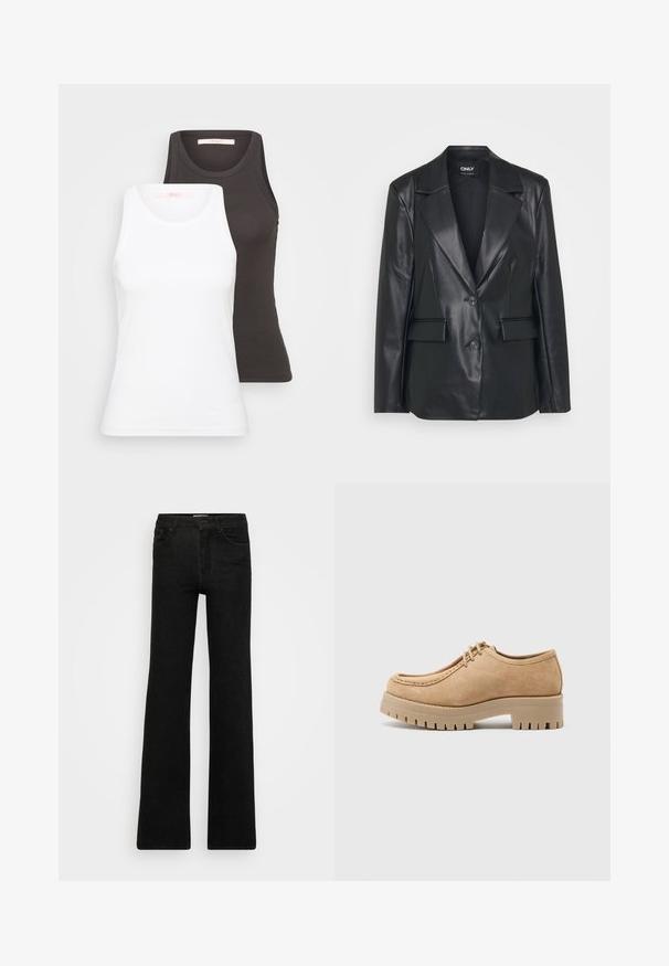 Blazer din piele neagră cu un design structurat, rever larg, două nasturi și buzunare în față. Textură netedă și croială ajustată.; Două maieuri în alb și gri închis, cu o textură canalată, guler rotund și design fără mâneci. Etichetele sunt pe gulerul interior.; Blugi negri evazați, confecționați din denim. Designul include două buzunare frontale și un fermoar, având o textură netedă și uniformă, cu linii clare.; Pantof bej din piele suede, cu vârf rotunjit, design cu șireturi și o talpă de cauciuc groasă, texturată, cu striații profunde pentru aderență.