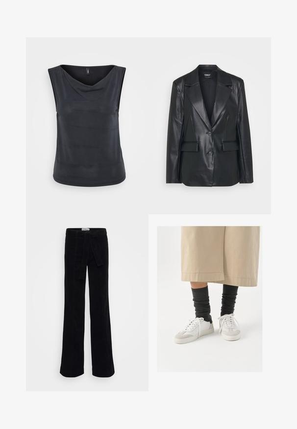 Svart skinnblazer med en strukturert design, brede revers, to knapper og frontlommer. Glatt tekstur og skreddersydd passform.; Ermeløs svart topp med en draperingshals. Laget av glatt, lett stoff. Har en avslappet passform og en rund nederkant.; Sorte kordfløjel brede bukser med et stofbælte, der har subtile syninger og en tætsiddende talje for en skræddersyet stil.; Hvite og grå sneakers med svart hælakkent, med en glatt læroverdel og teksturert semsket tå. Brukt sammen med mørkegrå slouchy sokker.
