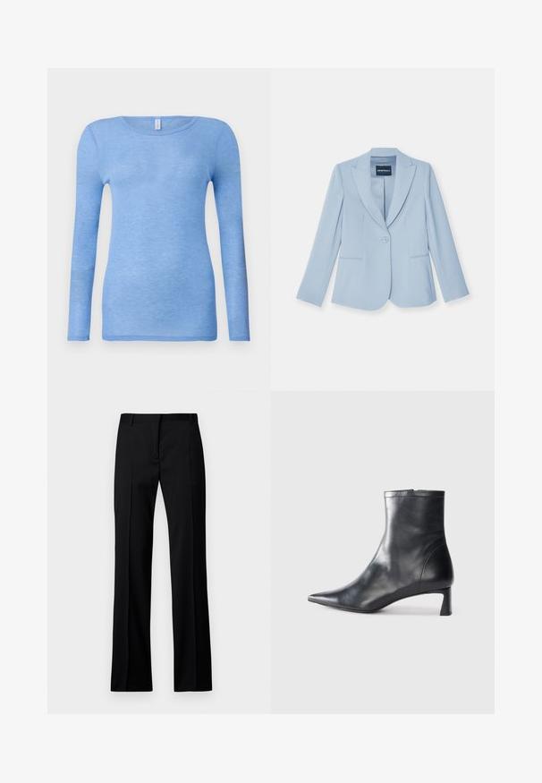 Světle modrý blejzr vyrobený z měkké tkaniny, s jedním knoflíkem, klopovými límci, dvěma předními kapsami a dlouhými rukávy.; Svetle modré tričko s dlouhým rukávem vyrobené z jemné, lehké tkaniny. Má kulatý výstřih a přiléhavý střih. Bez viditelných vzorů nebo doplňků.; Černé kalhoty rovného střihu z hladkého materiálu, s plochým předním dílem, poutek na opasek a bez viditelných kapes nebo ozdob.; Černé kožené kotníkové boty s špičatou špičkou a elegantním designem. Mají nízký podpatek a zipové zapínání na zadní straně. Hladká textura.