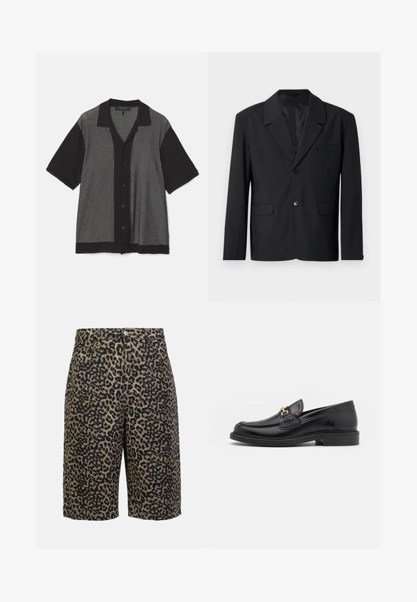 Musternahk, mille on terav krae, ühe nupuga kinnitamine, kaks esikäepidet ja rinnaauk. Sile kangas klassikalise disainiga.; Must ja hall lühikeste varrukatega särk, millel on vertikaalne triibuline muster, nööbiga esiosa ja kraega kaelus. Valmistatud pehmest kudumiskangast.; Valge puuvillane tank top ümarate kraega ja laia rihmaga, koos heleda beeži pükste paariga, mis on varustatud nupu ja volangidega.; Leopardimusteriga denim-lühikesed püksid maalikates toonides, varustatud nööpe closure, viie tasku ja relaxed fit'iga.; Mustad nahast loafers ümarate varvastega, millel on kuldne riistvaraline aksessuaar ja tikandite detail, paigutatud madalale, tekstureeritud kummist tallale.