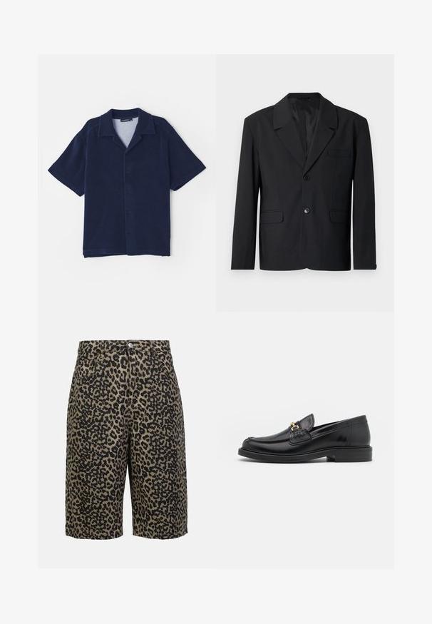 Schwarzer Blazer mit Reverskragen, Ein-Knopf-Verschluss, zwei Vorder Taschen und einer Brusttasche. Glattes Material mit klassischem Design.; Marineblaues kurzärmliges Hemd aus weicher Stoffqualität. Besitzt einen umgeschlagenen Kragen und eine durchgeknöpfte Vorderseite. Glatte Textur ohne Muster.; Leopardenmuster-Jeansshorts in erdigen Tönen, mit Knopfverschluss, fünf Taschen und entspannter Passform.; Schwarze Lederleter mit einer abgerundeten Zehenpartie, ausgestattet mit goldenen Hardwareakzenten und Stichdetails, auf einer niedrigen, strukturierten Gummisohle.