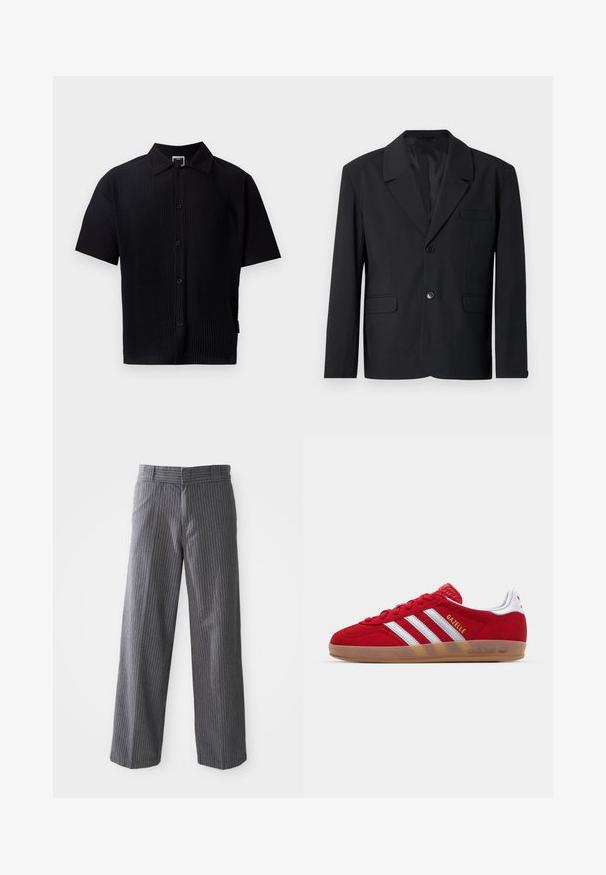 Czarny żakiet z wykładanym kołnierzem, z pojedynczym zapięciem na guzik, dwoma przednimi kieszeniami i kieszenią na piersi. Gładki materiał z klasycznym wzornictwem.; Czarna koszula krótki rękaw o ryżowej teksturze, klasyczny kołnierzyk, guziki z przodu i prosta linia dołu. Brak widocznych wzorów lub akcentów.; Szare, wąskie spodnie w paski w stylu wide-leg z paskami na pasek, płaskim przodem i prostymi mankietami, pokazane na białym tle.; Czerwone zamszowe sneakersy z białym wzorem trzech pasków i złotym napisem "Gazelle". Posiadają gumową podeszwę i teksturowaną piętę.