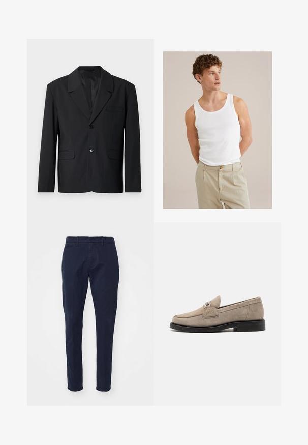 Blazer negro con solapa, cierre de un solo botón, dos bolsillos delanteros y un bolsillo en el pecho. Tejido suave con un diseño clásico.; Top de algodón blanco sin mangas con escote redondo y tirantes anchos, emparejado con pantalones ligeros color beige que presentan un botón y pliegues.; Pantalones slim-fit de color azul marino, confeccionados en algodón. Cuentan con un bolsillo frontal y un acabado limpio. Textura suave y diseño entallado con pernera recta.; Mocasines de ante beiges con suela plana negra, que presentan una hebilla decorativa plateada y sutiles detalles de costura en la parte superior.